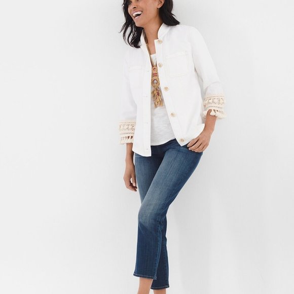 Chico's White Linen Blend Tassel Jacket 2 L - Picture 2 of 8
